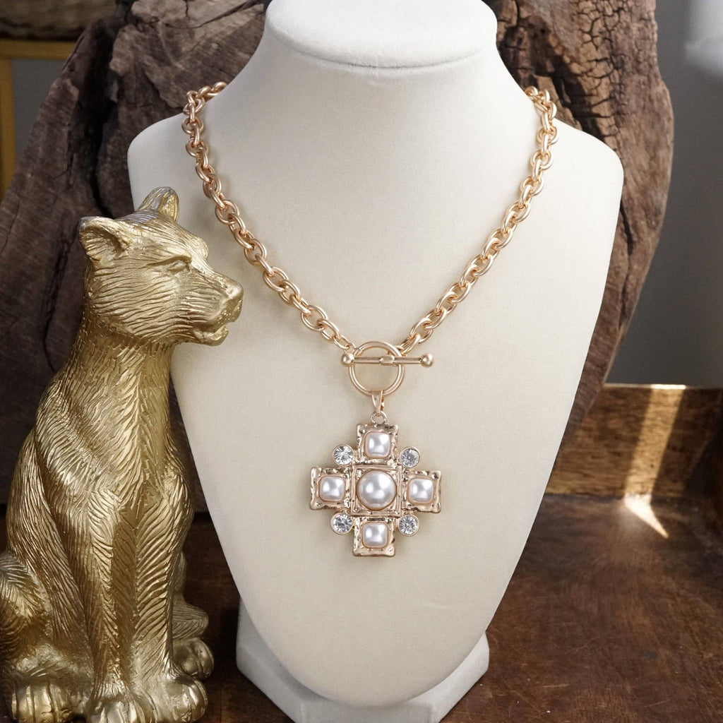Golden Grace – Front Toggle Cross Necklace with Pearls & Crystals