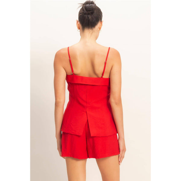 Red Buttoned Top And Shorts Set