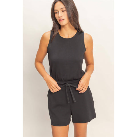 Black Drawstring Waist Sleeveless Romper