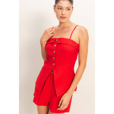 Red Buttoned Top And Shorts Set