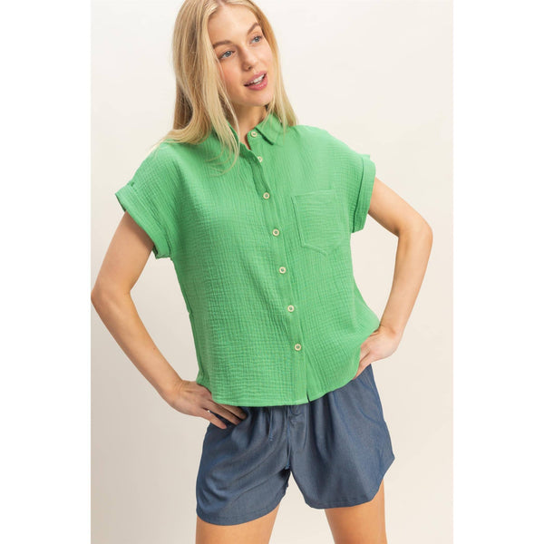 Green Rolled Sleeve Button-Up Top