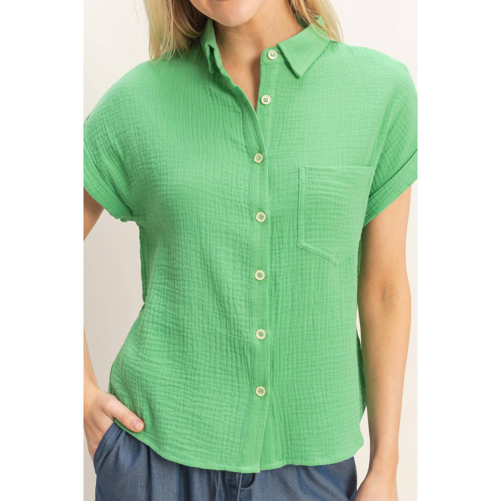 Green Rolled Sleeve Button-Up Top