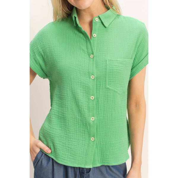 Green Rolled Sleeve Button-Up Top