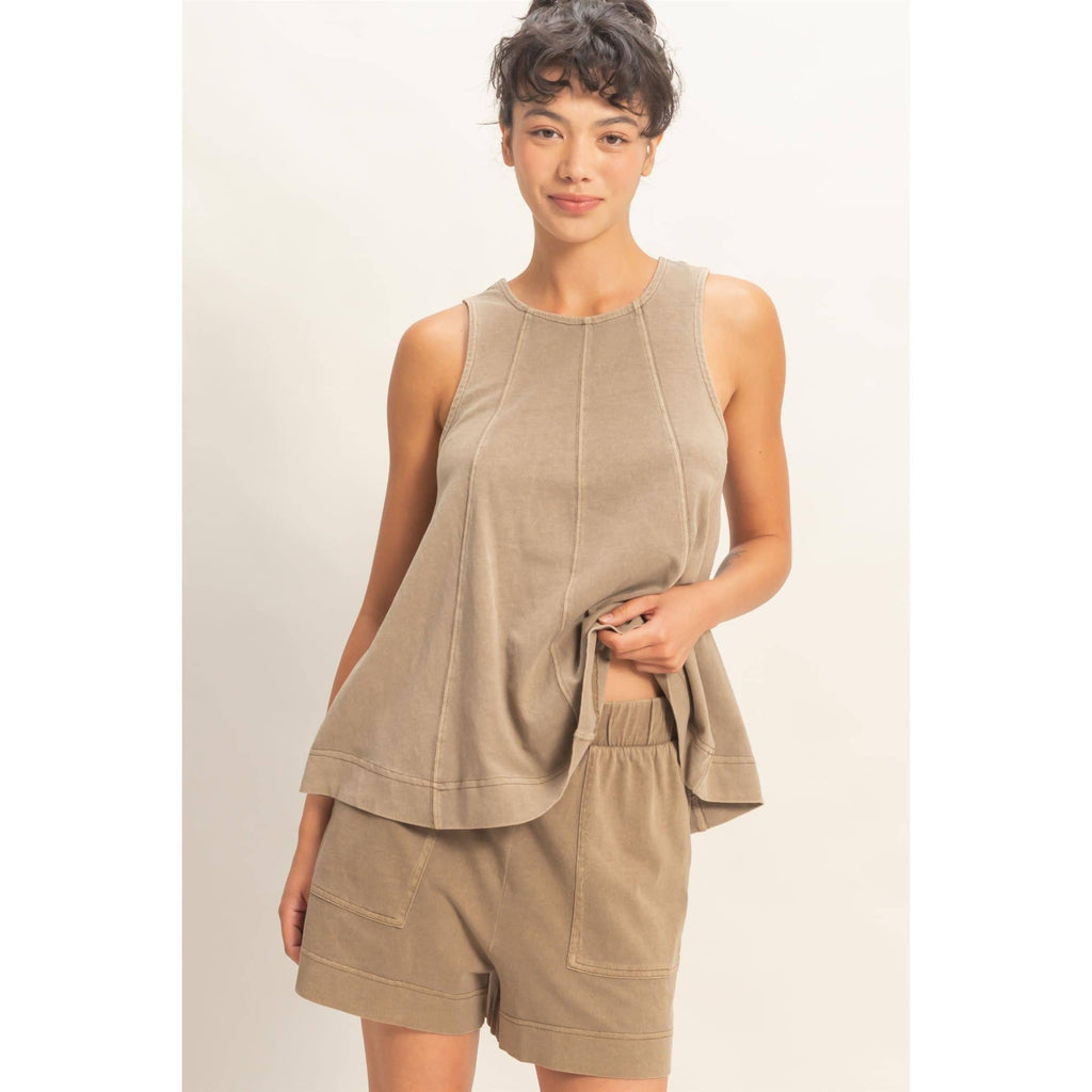 Mocha Round Neck Top & Shorts Set