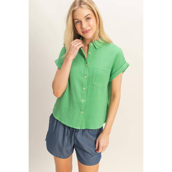 Green Rolled Sleeve Button-Up Top
