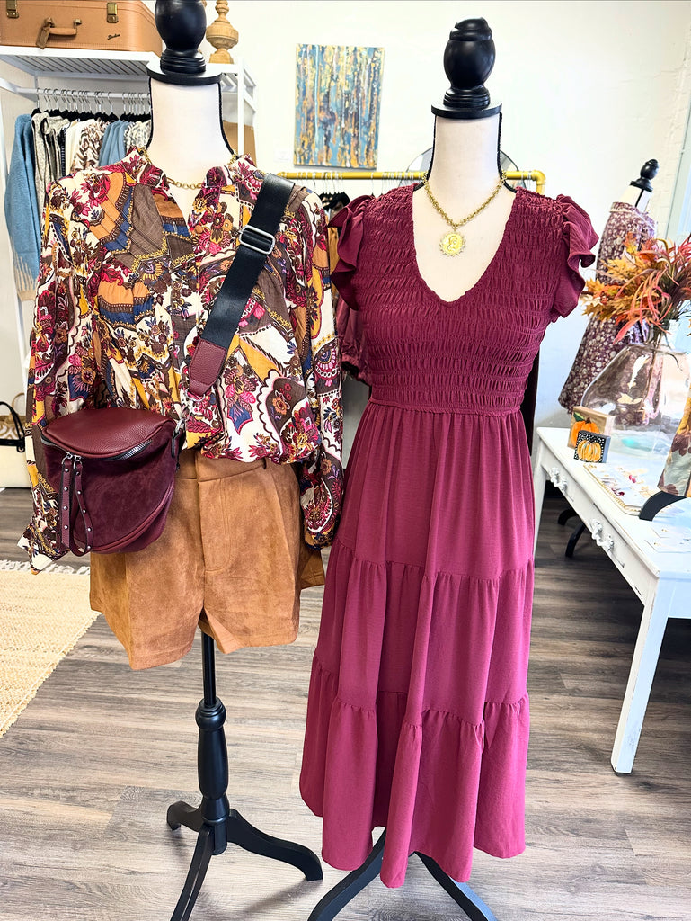 Burgundy Flutter Sleeve Dress