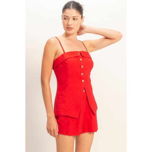 Red Buttoned Top And Shorts Set