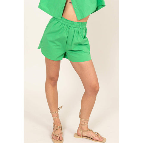 Green Poplin High Waist Shorts