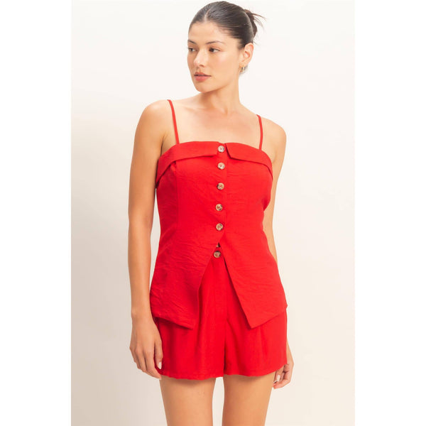 Red Buttoned Top And Shorts Set