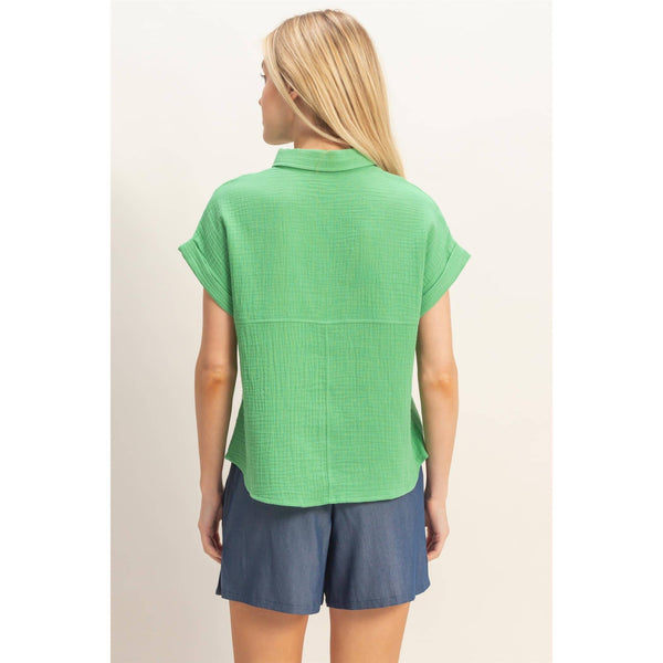 Green Rolled Sleeve Button-Up Top