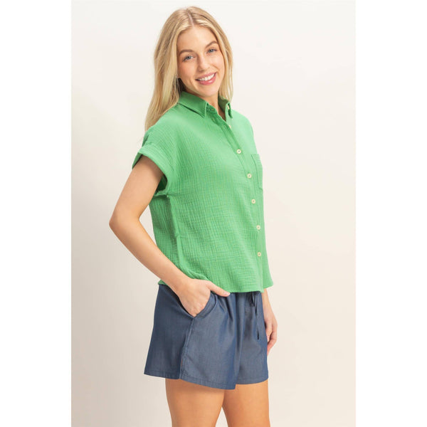 Green Rolled Sleeve Button-Up Top