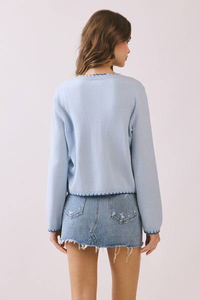 Sky Blue Soft Knit Sweater with Contrast Scalloped Trim Detail