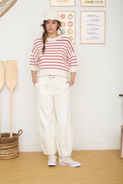 Stripe Raw Edge Drop Shoulder Short Sleeve Sweater