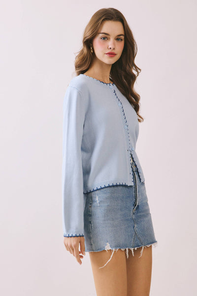 Sky Blue Soft Knit Sweater with Contrast Scalloped Trim Detail