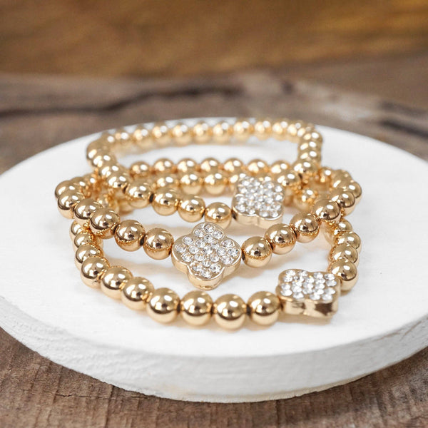 Crystal Quatrefoil Gold tone ball beads bracelet stack of 3 bracelets