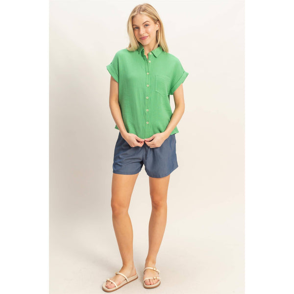 Green Rolled Sleeve Button-Up Top