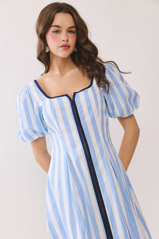 Blue Striped Square Neck Dress with Contrast Piping