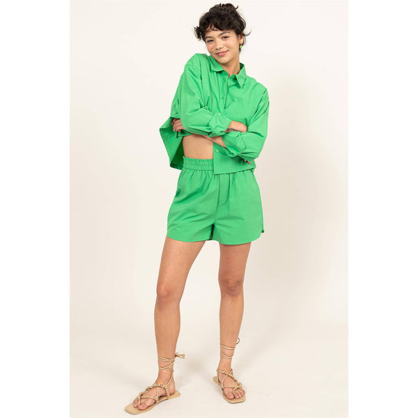 Green Poplin High Waist Shorts