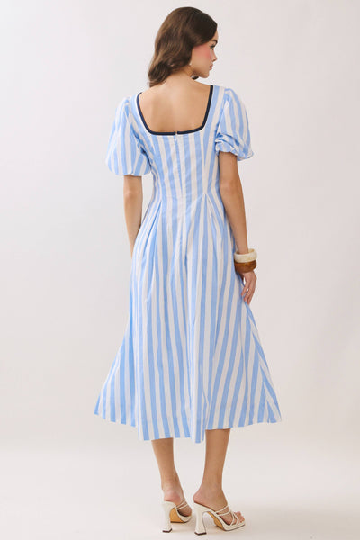 Blue Striped Square Neck Dress with Contrast Piping