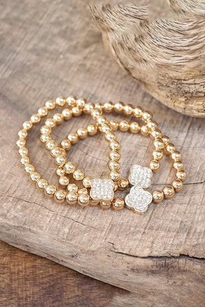 Crystal Quatrefoil Gold tone ball beads bracelet stack of 3 bracelets