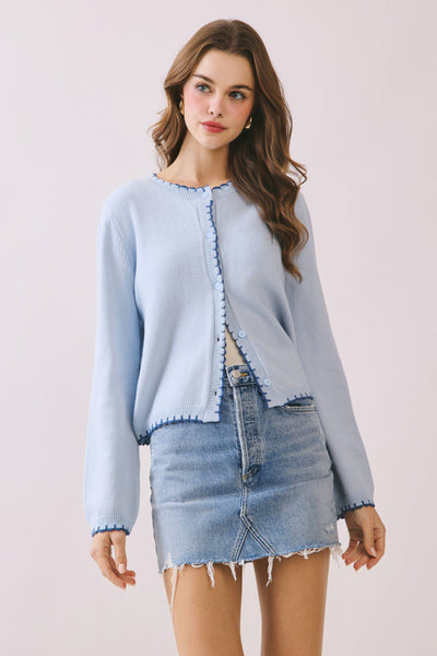 Sky Blue Soft Knit Sweater with Contrast Scalloped Trim Detail