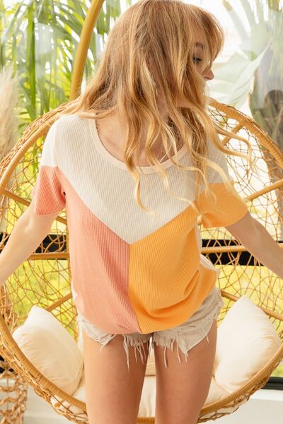 Round Neck Color Block Short Sleeve Knit Sweater